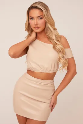 Beige Faux Leather One shoulder Cropped Top & Mini Skirt Co-ord Set - Carissa