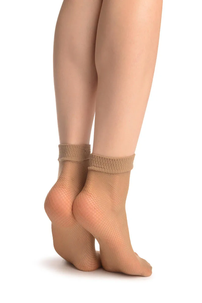 Beige Fishnet Ankle High Socks