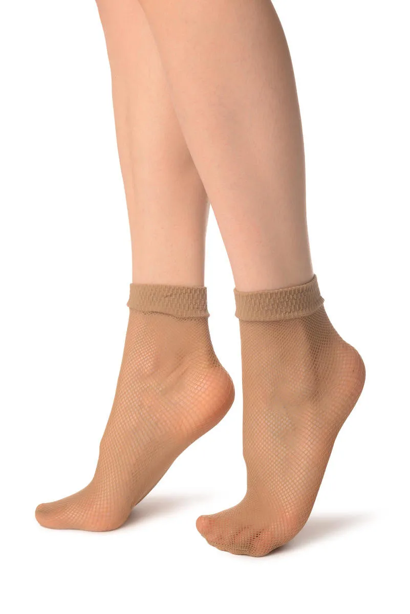 Beige Fishnet Ankle High Socks