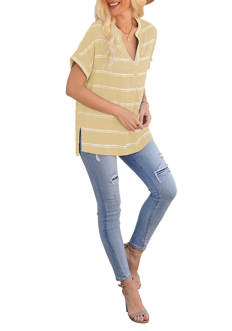 Beige Split V-Neckline Batwing Sleeves Striped Loose Top