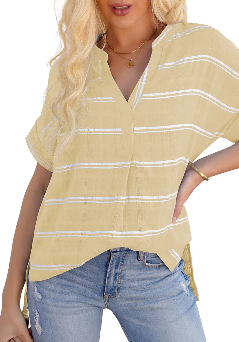 Beige Split V-Neckline Batwing Sleeves Striped Loose Top