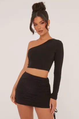 Black One Shoulder Cropped Top & Mini Skirt Co-ord Set - Mia