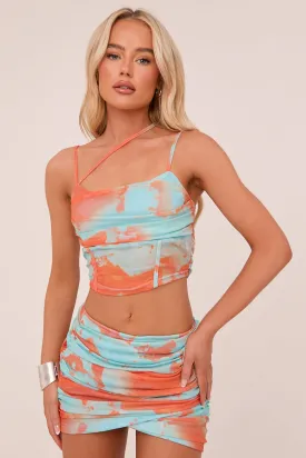 Blue Abstract Print Ruched Crop Top & Mini Skirt Co-ord Set - Presley