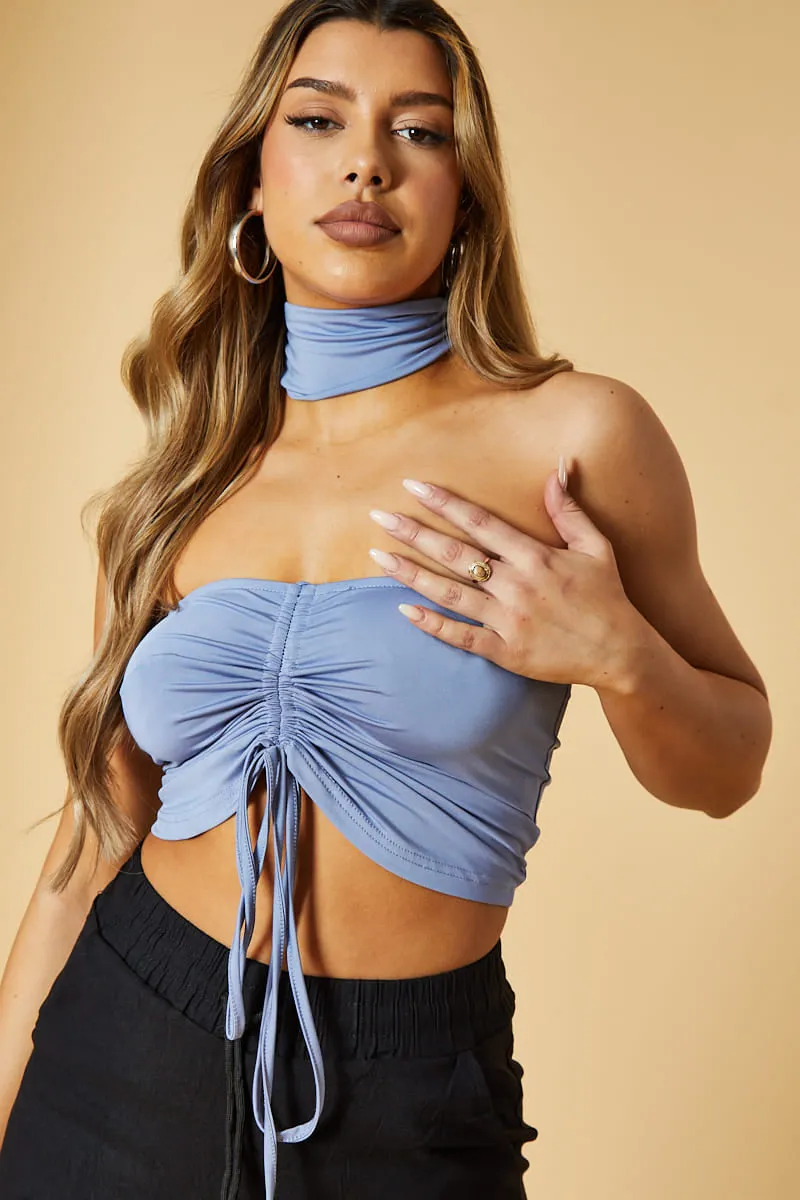 Blue Front Ruched Choker Neck Cropped Top - Nara