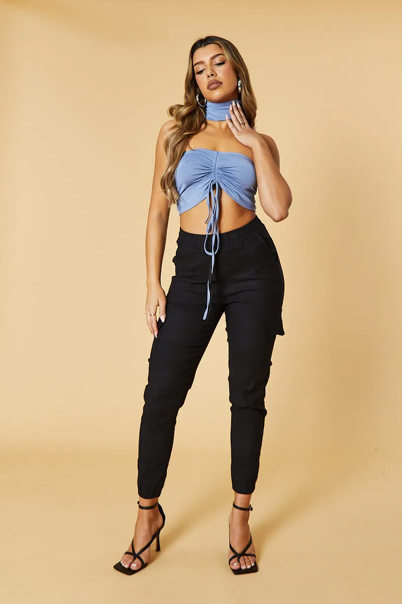 Blue Front Ruched Choker Neck Cropped Top - Nara