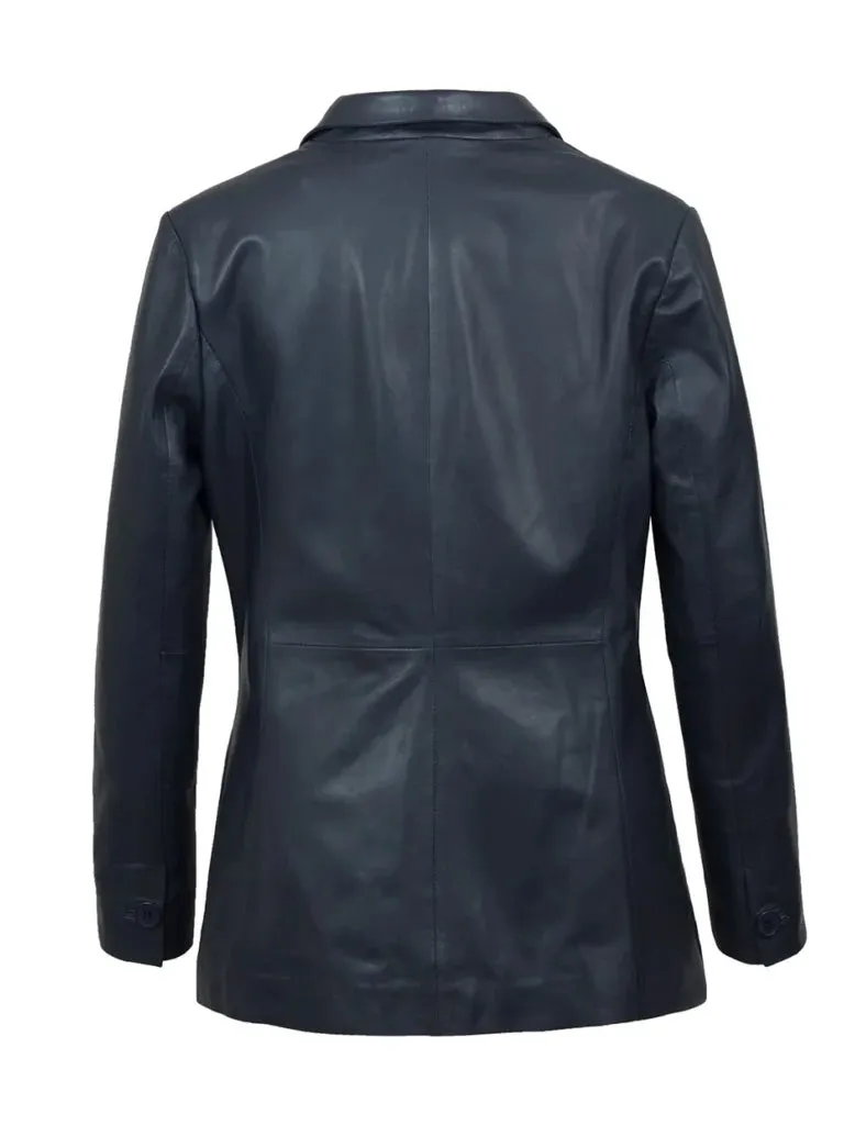 Blue Lapel Style Leather Blazer