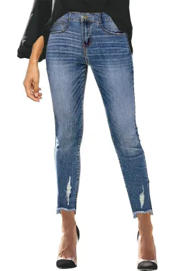 Blue Mid-Waist Raw Hem Ripped Cropped Denim Jeans