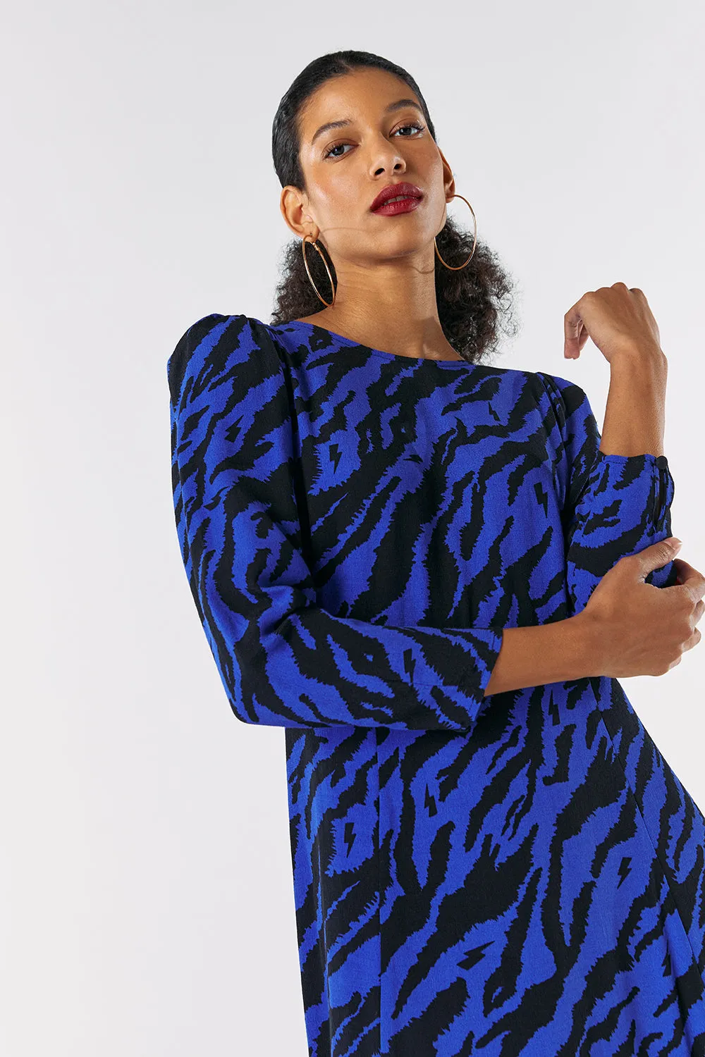 Blue with Black Shadow Tiger Split Hem Midi Dress