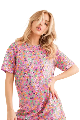 Blueb Sequin Floral Embellished Multi T-Shirt Dress