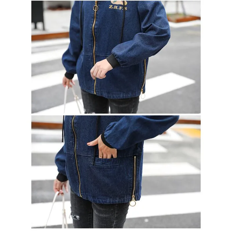 Cropped Slimming Bear Pattern Embroidery Zip-Up Denim Jacket