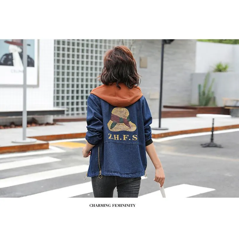 Cropped Slimming Bear Pattern Embroidery Zip-Up Denim Jacket