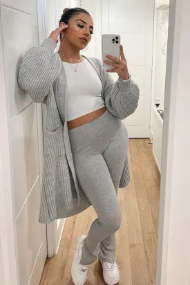 GREY BALLOON SLEEVE LONGLINE KNIT CARDIGAN - ABBIE