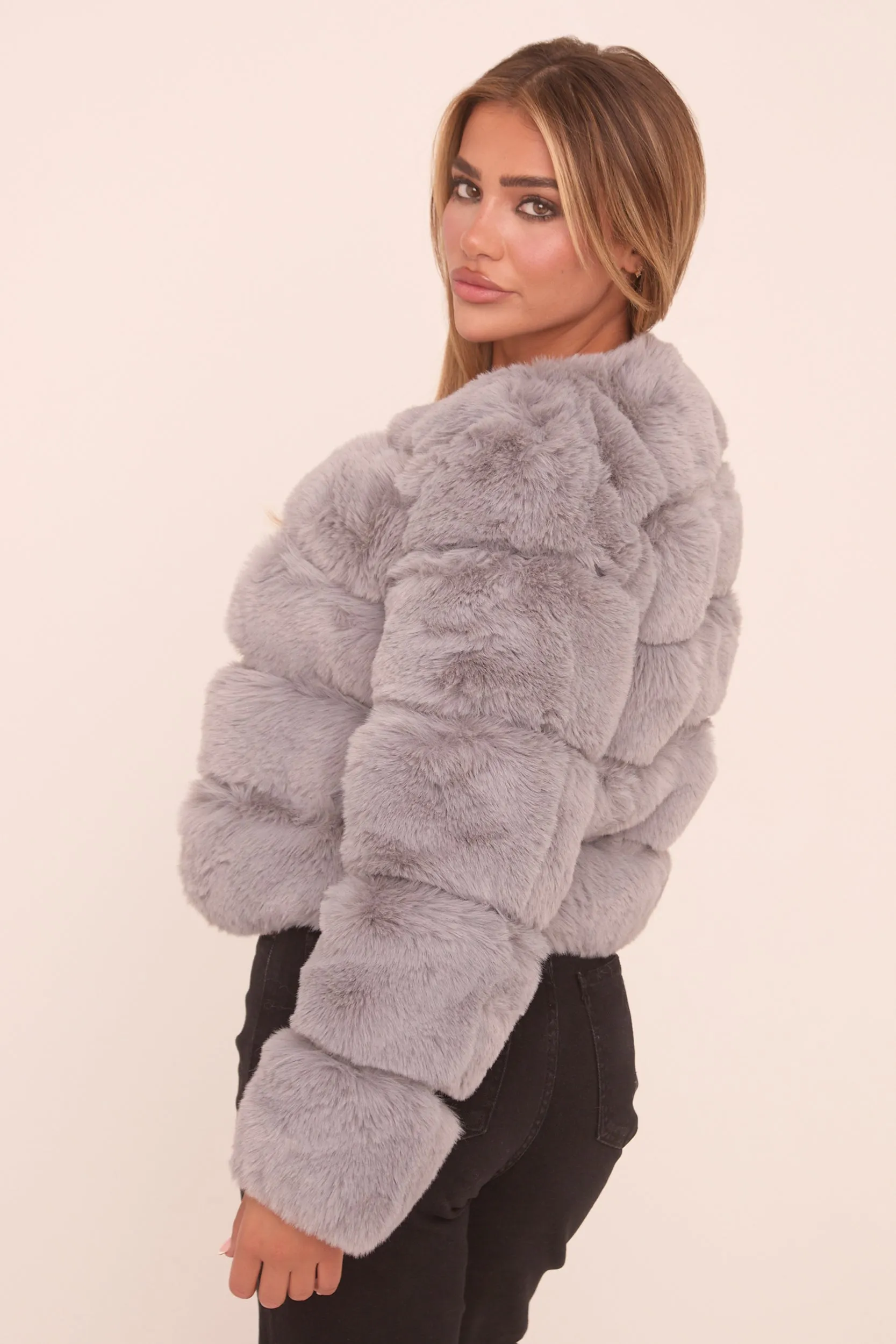 Grey Faux Fur Cropped Coat - Heaven