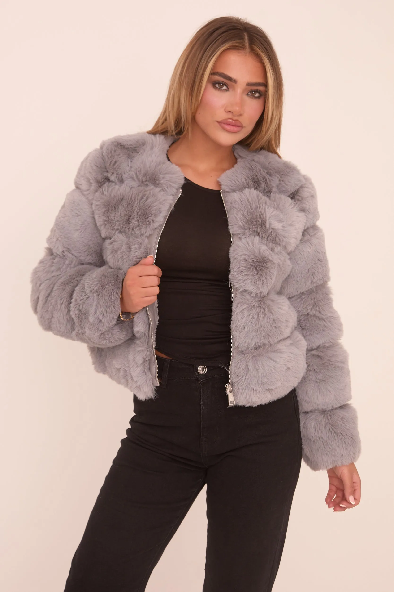 Grey Faux Fur Cropped Coat - Heaven