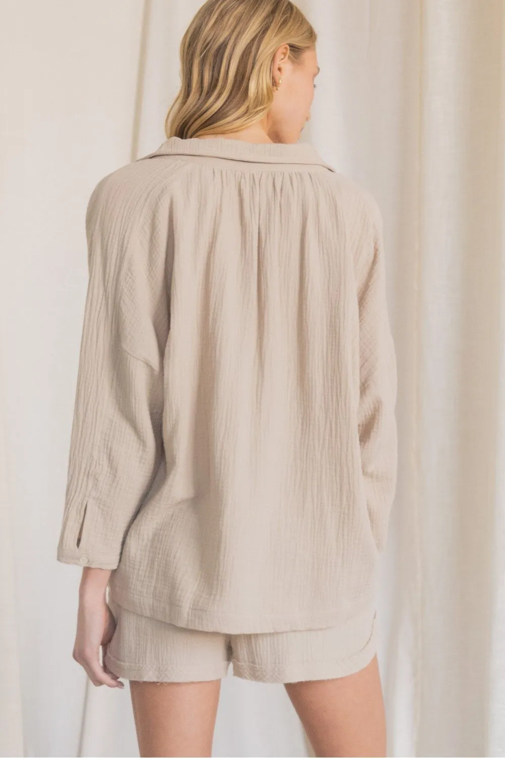 Henley-inspired Gauze Dolman Sleeve Collared Top with Buttoned Neckline