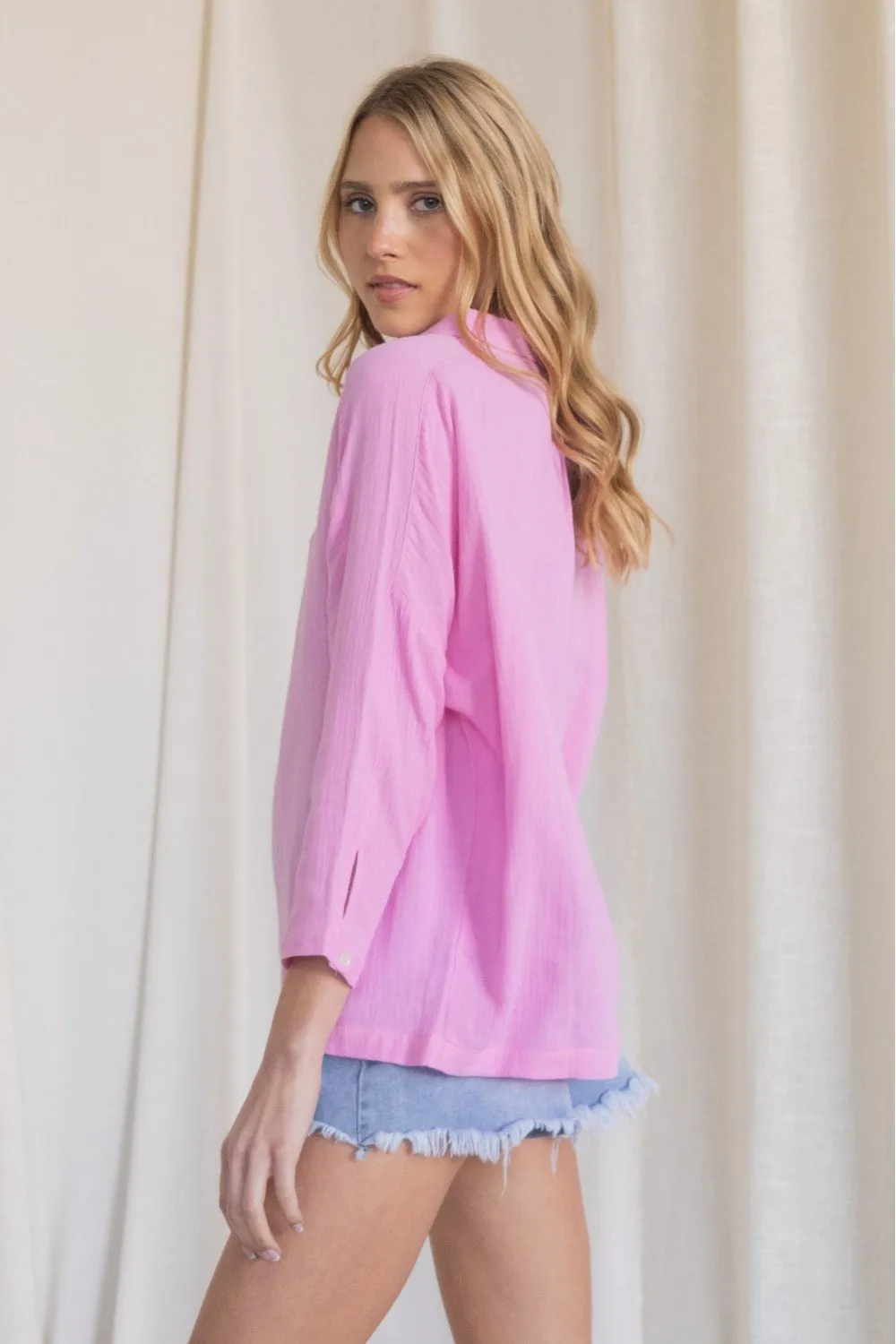 Henley-inspired Gauze Dolman Sleeve Collared Top with Buttoned Neckline