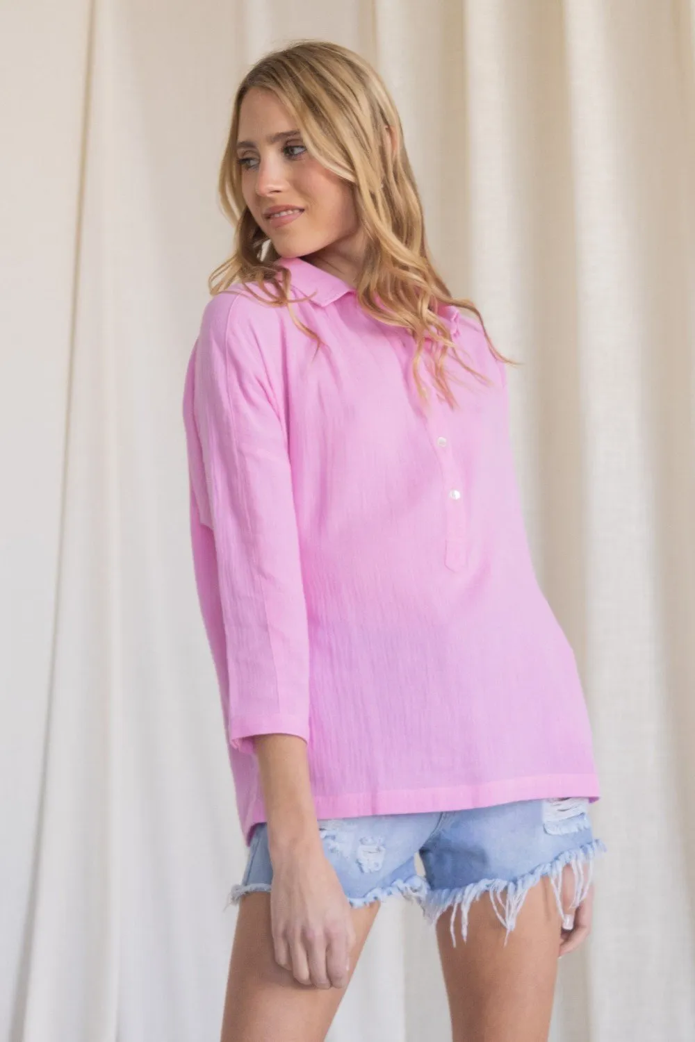 Henley-inspired Gauze Dolman Sleeve Collared Top with Buttoned Neckline