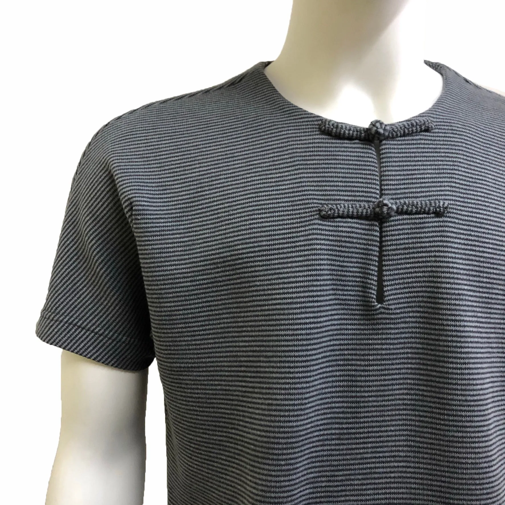 Knot Button Pocket Henley, Grey Thin Stripe