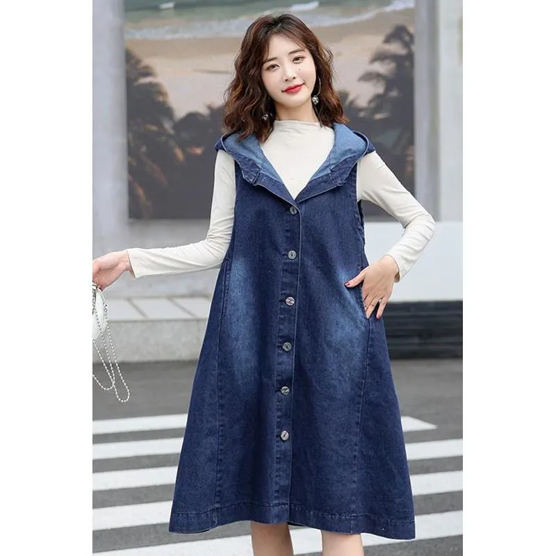 Mid-Length Sleeveless Loose Fit Hooded Denim Coat