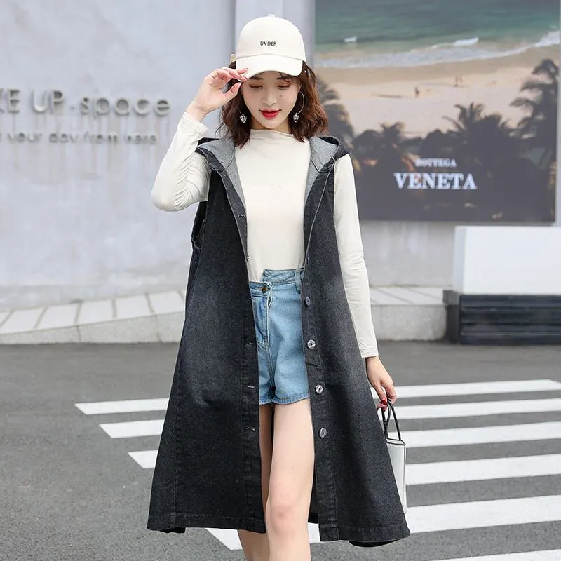 Mid-Length Sleeveless Loose Fit Hooded Denim Coat