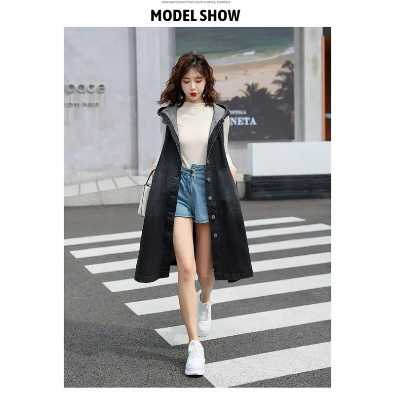 Mid-Length Sleeveless Loose Fit Hooded Denim Coat