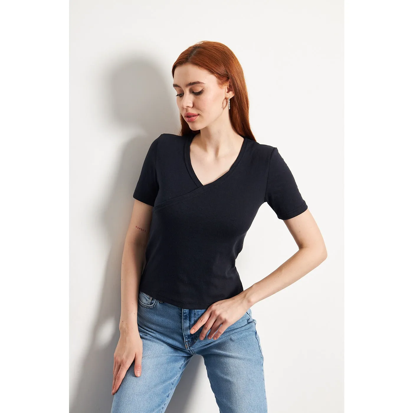 Navy Double Breasted Knit Top