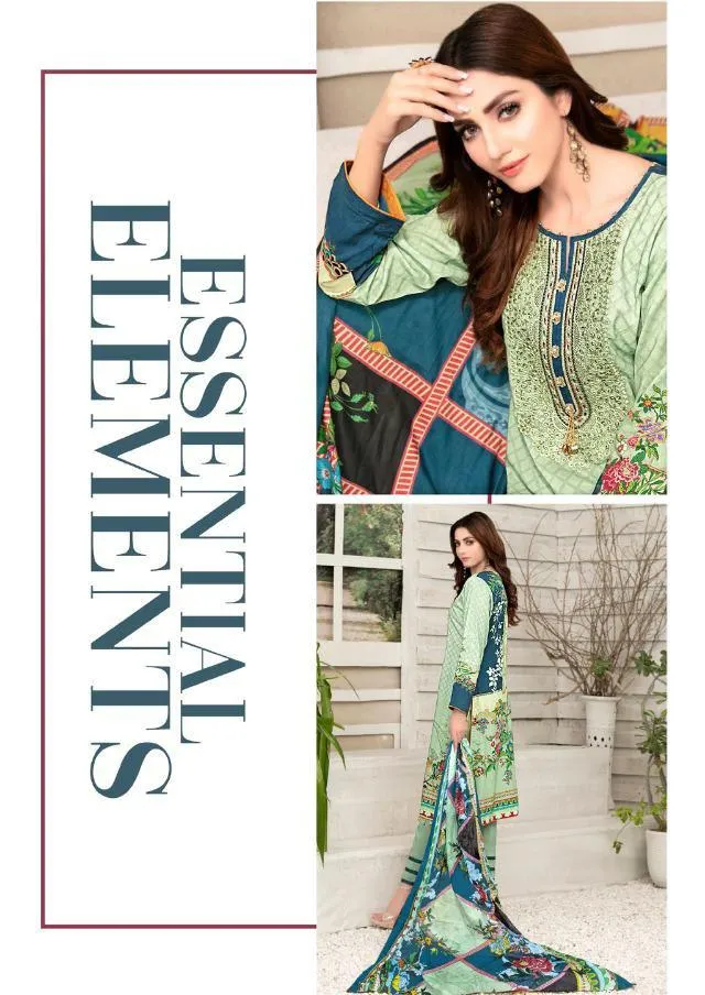 Pakistani Style Lawn Cotton Unstitched Green Suit Material for Women