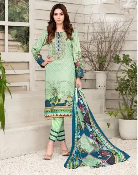 Pakistani Style Lawn Cotton Unstitched Green Suit Material for Women