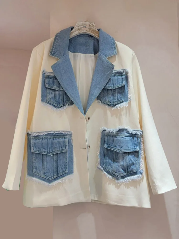 Patchwork Denim Jackets For Women Notched Collar Long Sleeve Slim Temperament Blazer Female Fashion Clothing