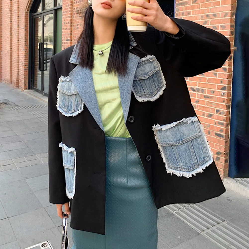 Patchwork Denim Jackets For Women Notched Collar Long Sleeve Slim Temperament Blazer Female Fashion Clothing