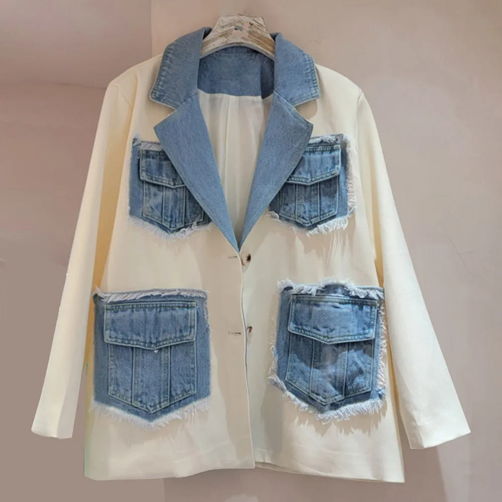 Patchwork Denim Jackets For Women Notched Collar Long Sleeve Slim Temperament Blazer Female Fashion Clothing