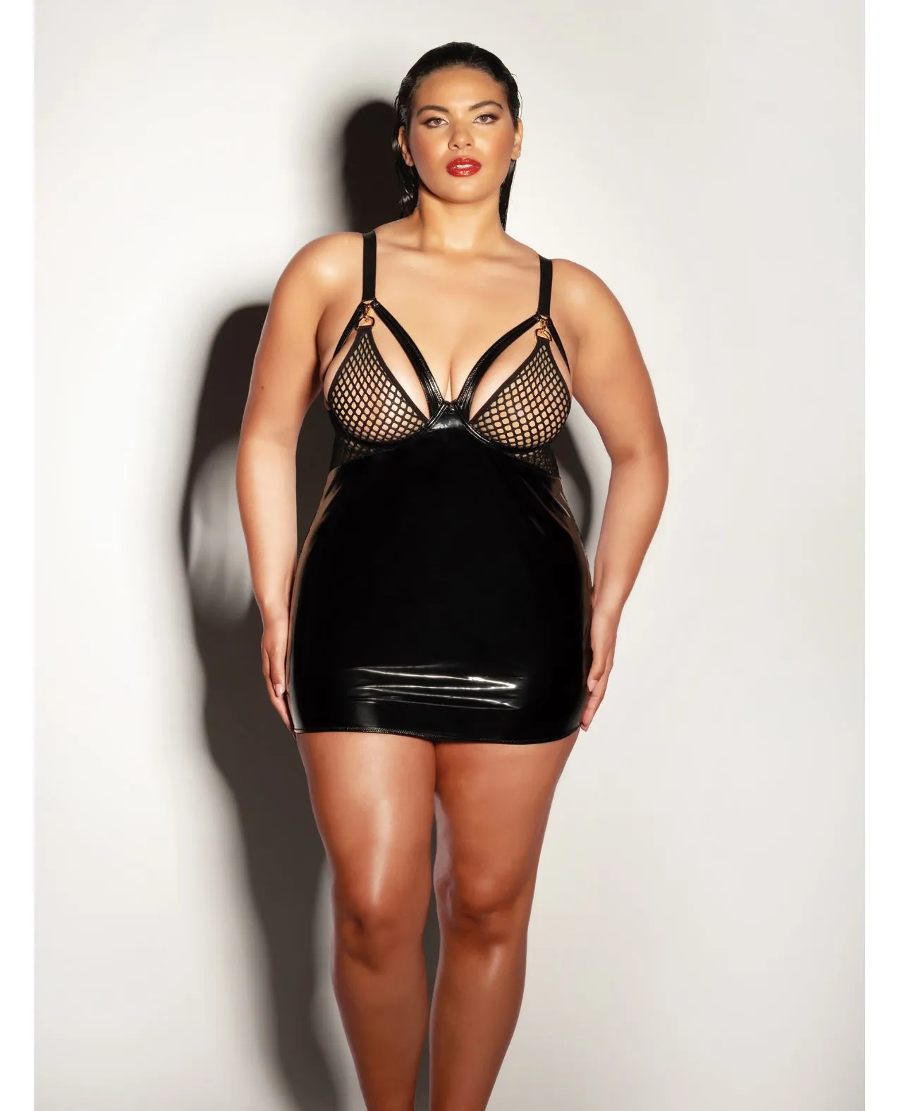 Plus Size FETISH Fishnet & Vinyl Fitted Babydoll