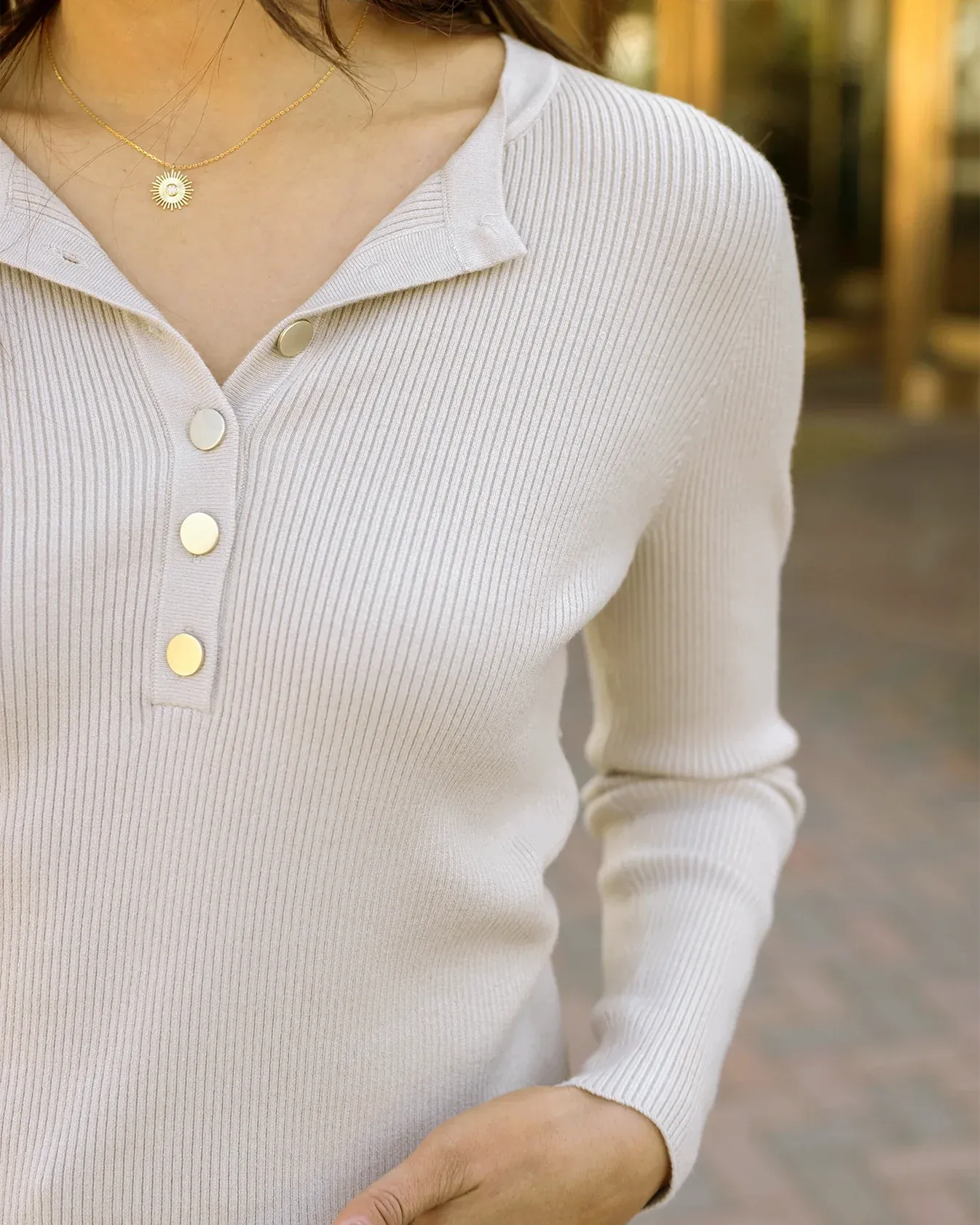 Ribbed Henley Sweater in Oatmeal by Grace & Lace (Ships in 1-2 Weeks)