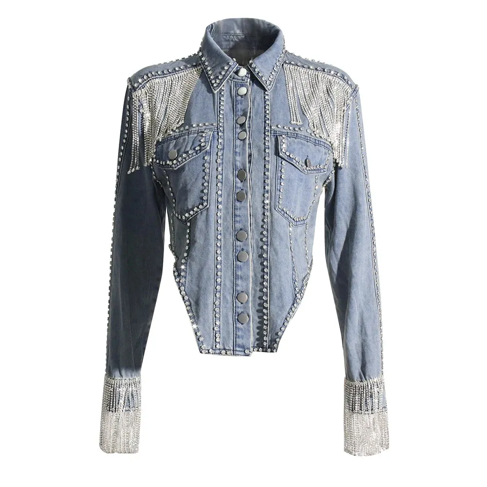 Spliced Tassel Streetwear Denim Jackets For Women Lapel Long Sleeve Patchwork Single Breasted Casual Coat Female