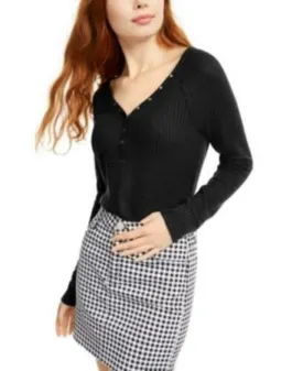 Ultra Flirt Juniors' Cozy Waffle-Knit Henley Top Black Size Small