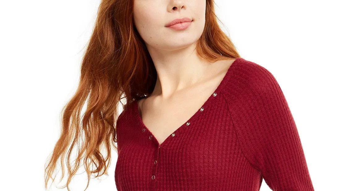 Ultra Flirt Juniors' Cozy Waffle-Knit Henley Top Red Size Medium