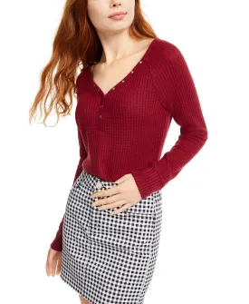 Ultra Flirt Juniors' Cozy Waffle-Knit Henley Top Red Size Medium