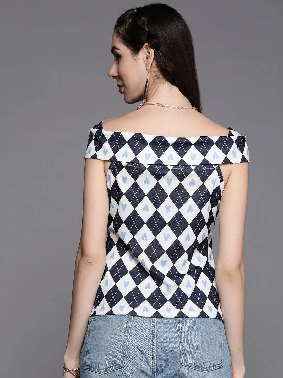 Women Navy Geometric Double Breasted Collar Top