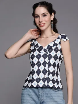 Women Navy Geometric Double Breasted Collar Top