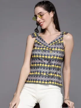 Women Yellow Geometric Double Breasted Collar Top