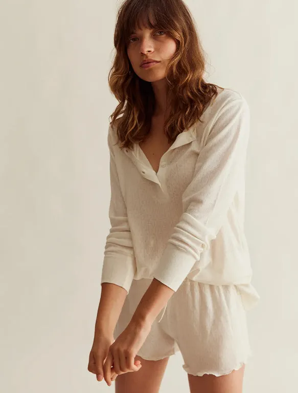 Women's Henley & Short Set in Cream Pointelle