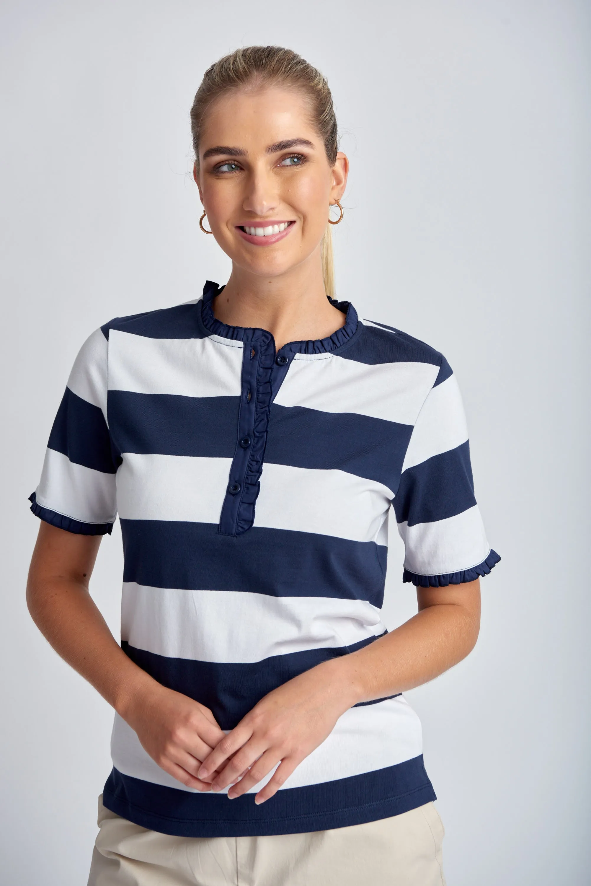 Yarn Dyed Stripe Frill Henley Cotton Tee Navy/White