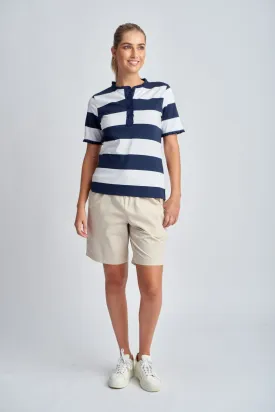 Yarn Dyed Stripe Frill Henley Cotton Tee Navy/White