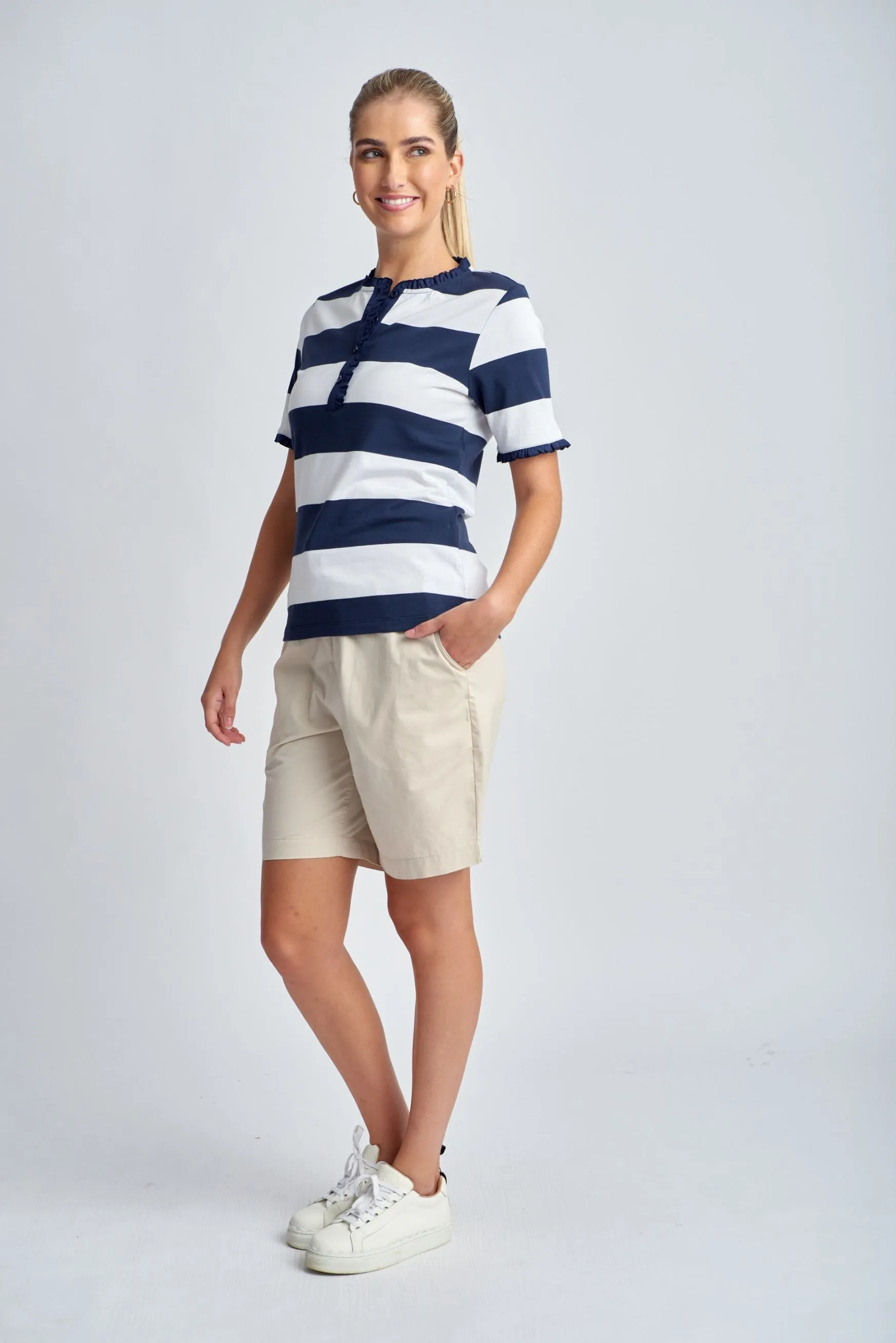 Yarn Dyed Stripe Frill Henley Cotton Tee Navy/White