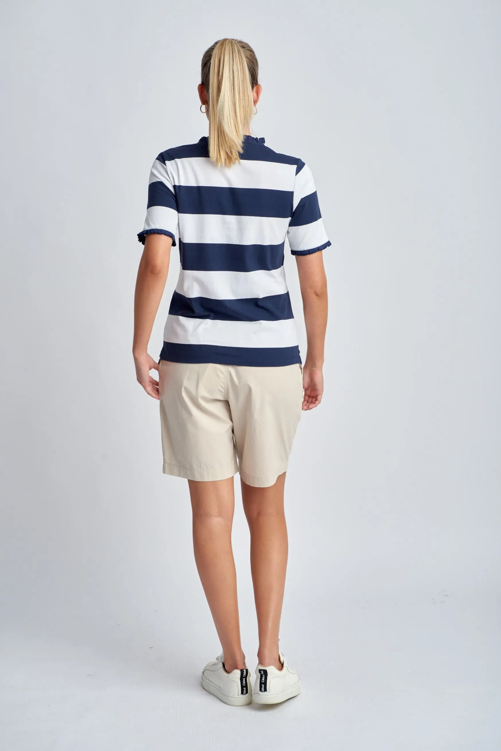 Yarn Dyed Stripe Frill Henley Cotton Tee Navy/White